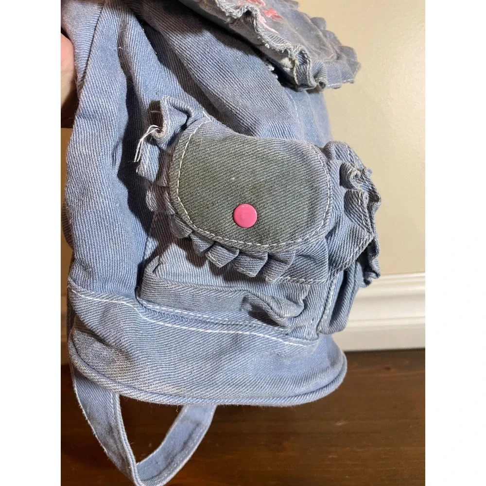 Vintage Barbie Mini Backpack Blue Denim Ruffle Pink Logo Y2K 90s Small Bag